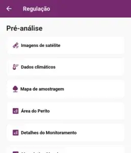 Tela de pré-análise na plataforma Picsel com opções de imagens de satélite, dados climáticos, mapa de amostragem e monitoramento