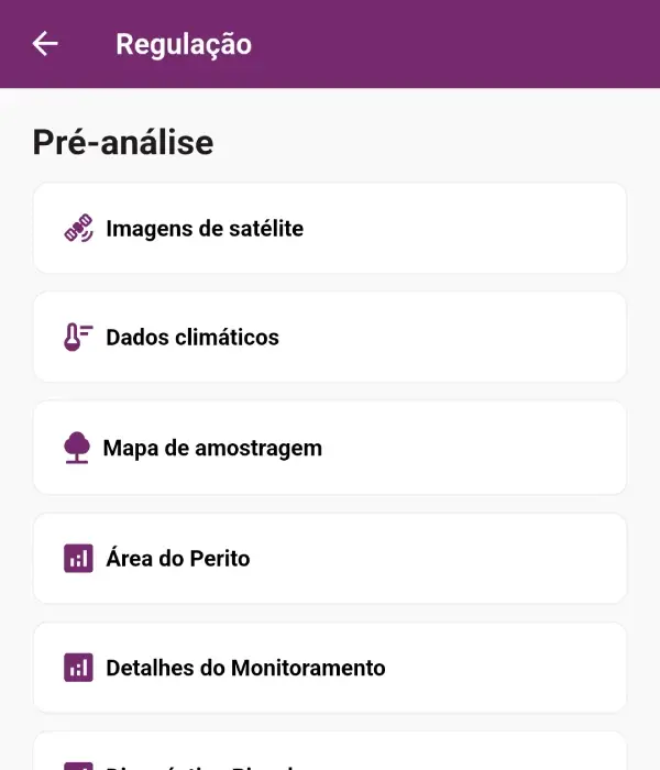 Tela de pré-análise na plataforma Picsel com opções de imagens de satélite, dados climáticos, mapa de amostragem e monitoramento