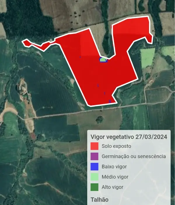 Mapa de vigor vegetativo na plataforma Picsel indicando solo exposto, baixo e alto vigor em lavoura em 27/03/2024