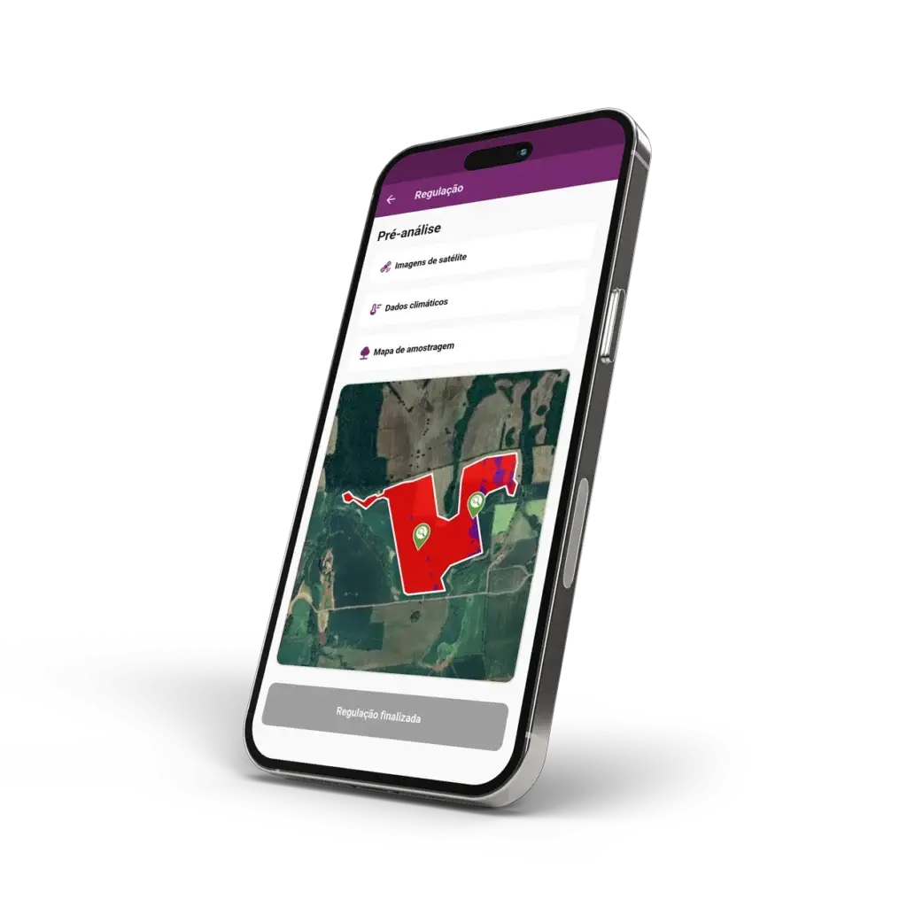 Smartphone exibindo tela de pré-análise na plataforma Picsel com mapa de vigor vegetativo e opções de dados climáticos e imagens de satélite