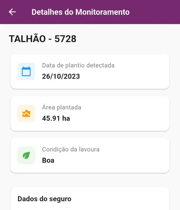 Tela de detalhes do monitoramento na plataforma Picsel com data de plantio, área plantada e condição da lavoura