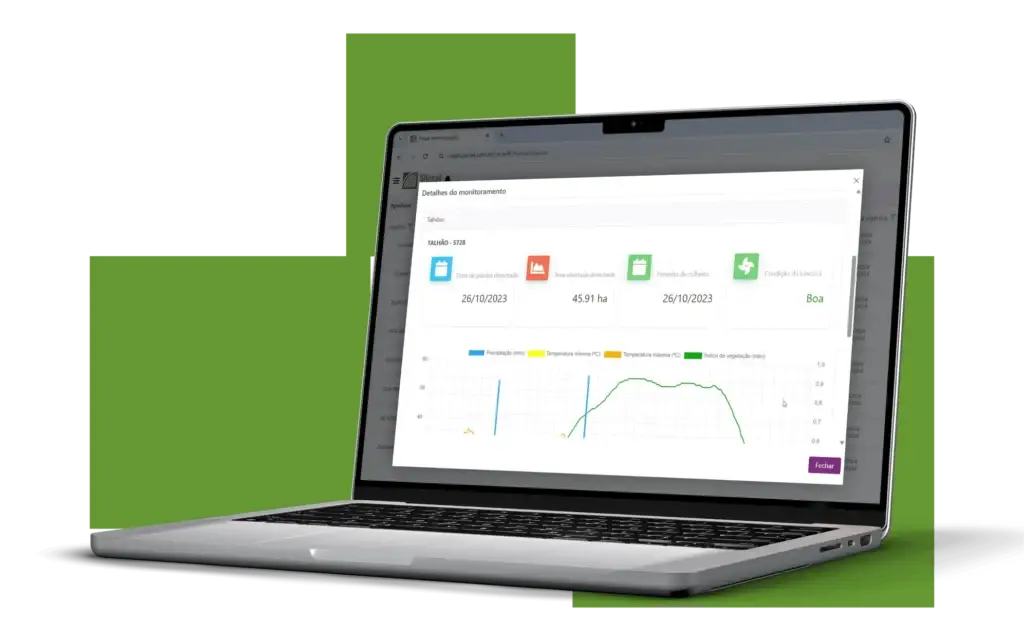 Notebook exibindo tela de detalhes do monitoramento da plataforma Picsel com dados agrícolas e gráfico de índice de vegetação