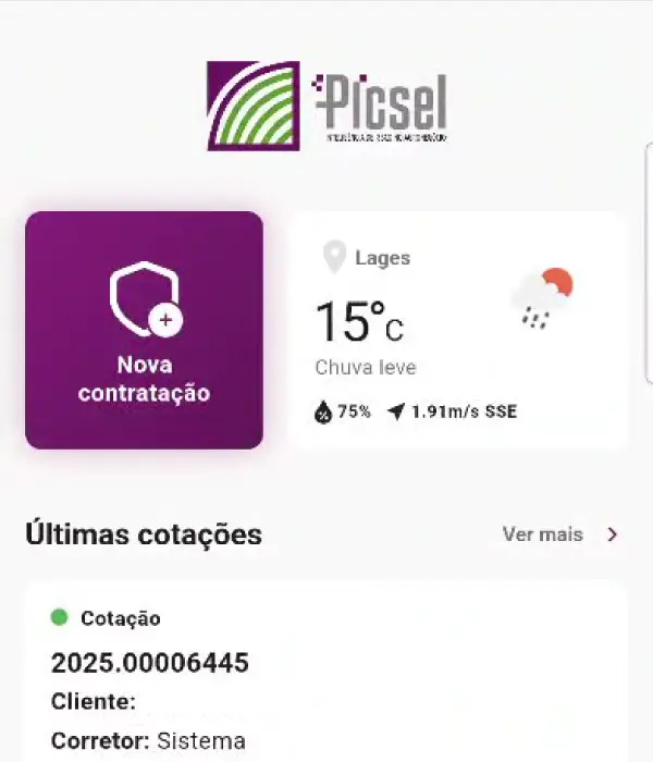 Tela inicial da plataforma Picsel com opção de nova contratação, clima atual e últimas cotações registradas