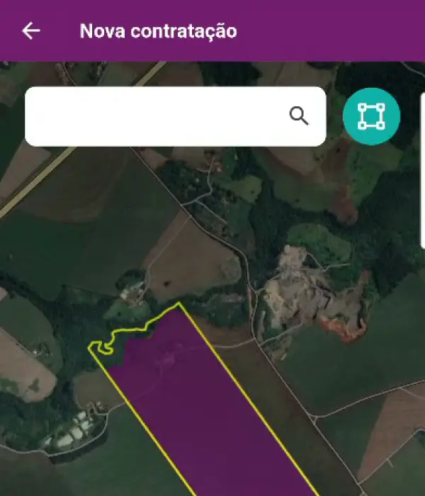 Tela de nova contratação na plataforma Picsel com mapa de lavoura delimitado por satélite