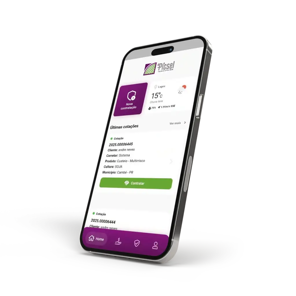 Smartphone exibindo tela inicial da plataforma Picsel com nova contratação, clima local e últimas cotações de seguros agrícolas